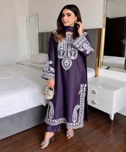 MODERN CHINON SILK THREAD EMBROIDERY WORK TOP PALAZZO WITH DUPATTA 84565 PURPLE - Product Image 2