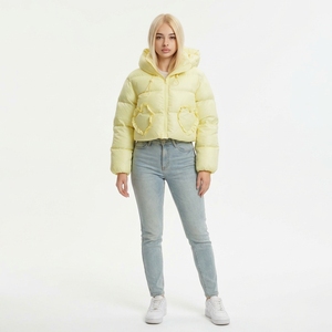 Chaqueta Acolchada Amarilla con Capucha y Volantes, Chaqueta Corta de Invierno para Mujer, Color Sólido, Relleno de Poliéster, Manga Larga con Cierre - Product Image 6