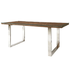 Table de salle à manger pour la maison, en bois recyclé, style vintage antique, avec plateau carré de style rétro naturel et pieds en acier inoxydable en forme de U - Product Image 1