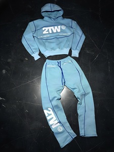 White Cropped <b>Zip</b> <b>Up</b> Hoodie Tracksuit Set | Contrast Piping Streetwear Sweatsuit | Custom OEM Private Label Fashion Manufacturer - Product Image 4