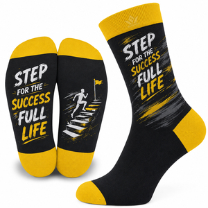 Step For The Successful Life Mens Crew <b>Socks</b> <b>Black</b> Yellow Digital Print Breathable Knitted Cotton Polyester Spandex Spring - Product Image 1