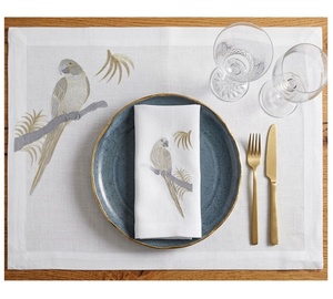 Custom Handmade Embroidered Classic Luxury Gold Parrot Bird Place Mat Napkin Sets White Linen Washable Mats for Weddings Home - Product Image 1