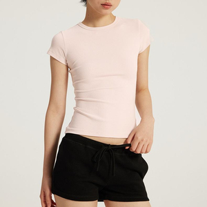 Camiseta de Verano para Mujer, Corte Ajustado, Cuello Redondo, Informal, Elástica, Tejida, 100% Algodón, Básica, Manga Corta, Transpirable, Color Sólido - Product Image 2