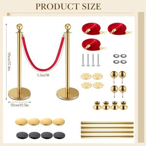 4 Pali in Acciaio Inox per Controllo Folla, 3 Corde in Velluto Rosso, Altezza 37 Pollici, Lunghezza 5 Piedi, Design con Punta a Sfera Dorata, Supporto per Banner - Product Image 5