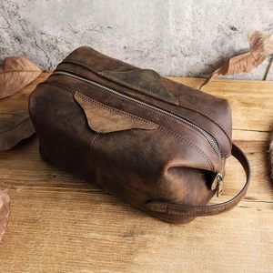 Bolsa de Cuero Genuino de Gran Capacidad, Estilo Vintage, con Cierre, para Hombre, Organizador de Artículos Esenciales de Viaje, para Cosméticos y Maquillaje - Product Image 5
