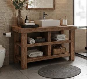 Meuble-lavabo en bois massif finition naturelle avec organisateur ouvert, meuble de salle de bain en bois pour maison moderne - Product Image 1