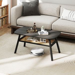 Tavolino da Caffè Rettangolare a 2 Livelli con Ripiano in Rattan e Gambe in Legno di Gomma, Stile Classico - Product Image 3