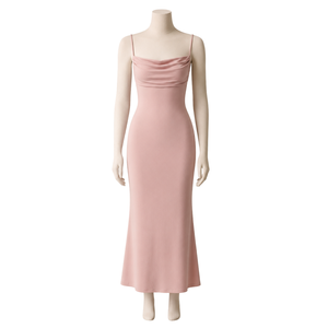 Vestido midi elegante de satén rosa con cuello drapeado para mujer |   Vestido de Fiesta Ajustado con Tirantes Ajustables, Estilo Vintage, Línea A, para Eventos, Cócteles, Bodas - Product Image 1