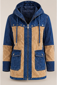 Denim Hooded Jacket for Women Blue Tan Vintage Winter Utility Jacket Contrast Panels Zip Front Casual Distressed Wash - Product Image 3