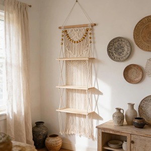 Handmade Three Tier Macrame Wall <b>Shelf</b> With Wooden Platforms For Books Plants Candles Storage And Display Wholesale From India - Product Image 5