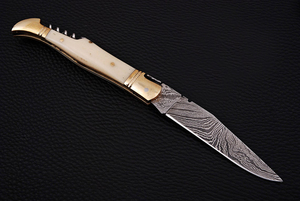 Hand Forged Damascus Folding <b>Knife</b> Cream <b>Bone</b> <b>Handle</b> Brass Fittings Outdoor Hunting Pocket <b>Knife</b> OEM ODM - Product Image 2