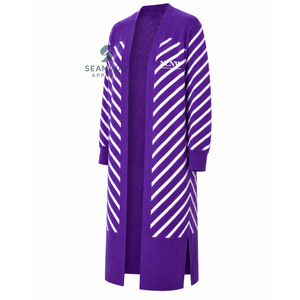 Cárdigan largo con frente abierto para mujer NCNW, suéter morado con rayas blancas, puños acanalados, bordado y aberturas laterales - Product Image 3