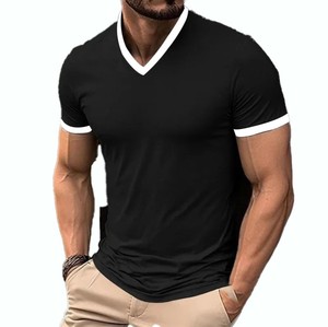 T-shirt Homme Col V Coupe Slim Rouge Uni Manches Courtes Bordure Contrastante Coton Tricoté Tenue Décontractée Meilleure Qualité Livraison Rapide OEM ODM - Product Image 2