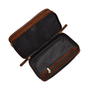 Trend Brown Microfiber Leather Travel Toiletry Bag with Zipper Closure and Mesh Interior for Men's Grooming Essentials - Product Image 1