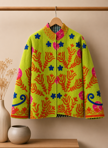 Wholesale Boho Lime Green <b>Quilted</b> Jacket Women Embroidery Floral Cotton Coat Ethnic Mandarin Collar Winter Short Outerwear - Product Image 1