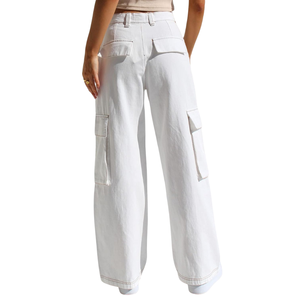 Snow <b>White</b> Resort <b>Cargo</b> Style High Rise Cotton Blend High Quality Minimal Pocket Detailing Summer Women’s Baggy Pants - Product Image 2