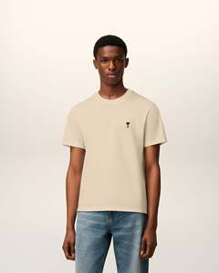 T-shirt personnalisé pour homme, beige, manches courtes, coupe classique, logo brodé, col rond, jersey en coton, style minimaliste - Product Image 6