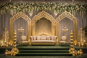 Punjabi <b>Wedding</b> Roka Ceremony Stage Back <b>Frame</b> Customized Indian <b>Wedding</b> Gold Maharaja Sofa Set Traditional Treated Wood Theme - Product Image 2
