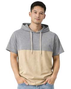 Camiseta con Capucha de Manga Corta para Hombre, Estilo Casual, Bloques de Color, Sudadera con Capucha, Algodón Suave, Gris Beige, Moda Urbana de Verano, Holgada - Product Image 1