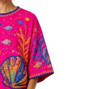 Camiseta Gráfica Oversize Rosa Fucsia para Mujer, Estampado Oceánico Colorido, Algodón Casual, Estilo Urbano, Ajuste Holgado de Verano, Personalizable OEM ODM al por Mayor - Product Image 4