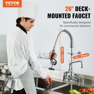 Rubinetto da cucina commerciale in ottone da 26 pollici con doccetta pre-risciacquo, altezza 8 pollici, centro 12 pollici, a montaggio su piano con beccuccio oscillante - Product Image 2