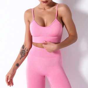 Conjunto de Yoga Rosa de 2 Piezas, Leggings de Cintura Alta, Top Corto con Tirantes Finos, Sin Costuras, Elástico en 4 Direcciones, Ropa Deportiva de Color Sólido - Product Image 5