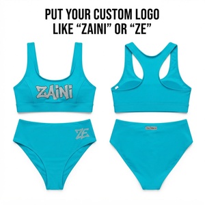 Women <b>Bikini</b> Set Premium 220 GSM Nylon Spandex Fabric Racerback Top Brief Bottom <b>Rhinestone</b> Logo Turquoise Contour Custom Colors - Product Image 1