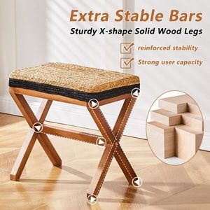 Natural Seagrass Rectangular Ottoman Footstool with Wooden Legs Hand-Woven Footrest for Living Room - Product Image 3