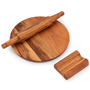 Tabla de madera para enrollar masa de dumplings con soporte, juego de chakla y belan de madera artesanal, tabla antiadherente para enrollar masa. - Product Image 1