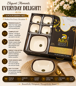 Lot de 5 bols carrés en mélamine blanche de luxe Aura Exclusive pour pudding, coffret cadeau festif de déménagement, avec cuillère Donga, idéal pour offrir - Product Image 1