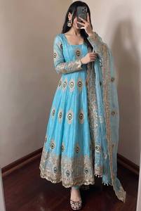 Turquoise Silk <b>Lehenga</b> Choli <b>Women</b> Traditional Indian Pakistani Wedding Embroidered Peacock Design Floor-Length Loose Fit - Product Image 1