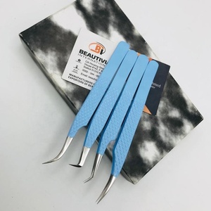 แหนบต่อขนตาสแตนเลสสีฟ้าเคลือบสีฟ้าติดเพชรแบบมืออาชีพปลายแหลม - Product Image 6