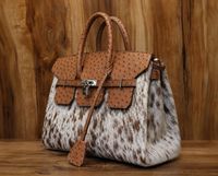 Tas Tote Kulit Burung Unta Asli & Kulit Sapi Hairon Buatan Tangan dengan Dompet Senada, Tas Tangan Mewah Model Kunci Barat untuk Wanita