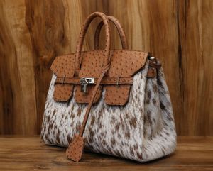 Bolso de Viaje de Cuero de Avestruz Genuino y Piel de Vaca Hairon Hecho a Mano con Cartera a Juego, Bolso de Mano de Lujo con Cierre Occidental para Mujer - Product Image 3