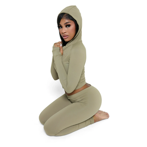 Ensemble crop top zippé à capuche vert olive pour femme, taille haute, manches longues, couleur unie, gaine amincissante ventre plat, tenue de yoga et de sport - Product Image 1