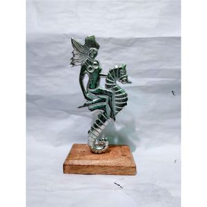 Artisan Crafted Aluminum Mermaid on Seahorse Figurine Decorative Table Sculpture Mounted on Natural <b>Wood</b> <b>Block</b> for Interior - Product Image 1
