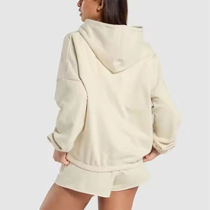 Conjunto de Sudadera con Capucha para Mujer, Manga Larga, Color Sólido, Tejido de Algodón, Corte Holgado, Informal, Dos Piezas, Pantalones Cortos, Traje para Primavera/Verano - Product Image 4