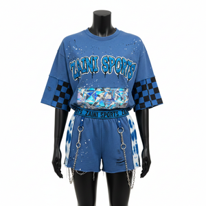 ชุดเสื้อยืดและกางเกงขาสั้นผู้หญิง ผ้าฝ้ายพรีเมียม เฟรนช์เทอร์รี่ 260 กรัม ดีไซน์สีน้ำเงิน ปักลาย ปักโลโก้ตามสั่ง ชุดเซ็ตผู้หญิง - Product Image 6