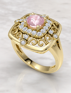 925 Sterling Silver Gold Plated Pink Morganite CZ Vintage Filigree Halo Ring <b>Cushion</b> Shape <b>Statement</b> Ring for Women Fine Jewelry - Product Image 1