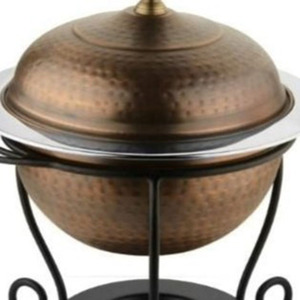 Hammered <b>Copper</b> Chafing Dish Featuring A Black Scroll Stand And Matching <b>Knob</b> Lid Ideal For Modern Dining Events & Wedding Used - Product Image 2