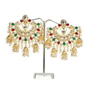 Indian Alloy Gold Plated Trendy Drop Tassel Jhumka Handmade Earrings Headpiece Jewelry for Women - Product Image 1