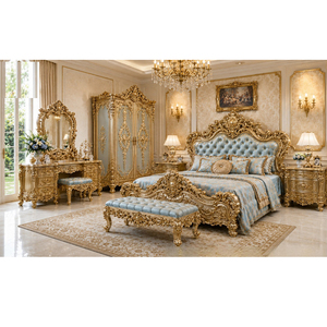 Juego de Muebles de Dormitorio de Lujo Hechos a Medida, Cama King Size de Madera de Teca Tallada a Mano, Armario, Tocador y Mesitas de Noche para Hogares en el Reino Unido - Product Image 1