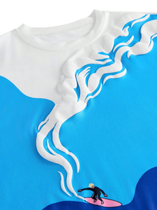 T-shirt à manches courtes pour homme, sublimation et impression en relief, design surf, coupe ample, séchage rapide, col rond, bleu et blanc - Product Image 5