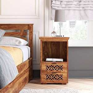 Sheesham Wood <b>Bedside</b> Table with Drawers and Shelf <b>Storage</b> | Wooden Multipurpose Nightstand End Table Furniture for Living Room - Product Image 1