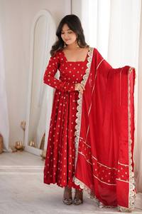 Robe Anarkali de luxe brodée de sequins pour mariage - Ensemble prêt-à-porter Salwar Kameez Plazo en soie Chinon à manches longues pour femmes - Product Image 2