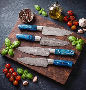 Juego de Cuchillos de Chef de Acero de Damasco Hechos a Mano, 4 Piezas, Mango de Madera con Funda de Cuero, Cuchillos Utilitarios para Supervivencia y Camping - Product Image 2