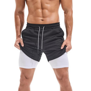 Shorts d'entraînement double couche pour hommes, taille mi-haute, avec compression intérieure en Spandex, extérieur écologique, coupe ample, anti-transpiration, OEM - Product Image 1