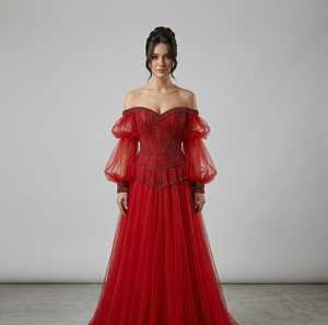 Robe de soirée sirène rouge en satin, épaules dénudées, longueur ras du sol, pour femme, de créateur, élégante, perlée, pour bal, fête, bal de promo, princesse, mariage - Product Image 2