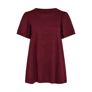 Camiseta informal de manga corta con cuello redondo para mujer, color burdeos, talla grande, corte holgado, para uso diario en verano, Top básico liso y elegante - Product Image 1