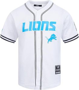 Maillot de baseball blanc des Lions avec logo bleu et bordure noire, en polyester, design durable, collection NFL - Product Image 1